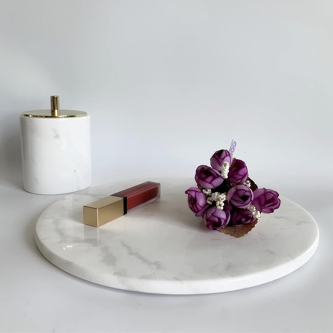 Natural Ibiza White Marble Round Tray Glossy Pastry Board for Dessert, Cheese, Coffee, Smooth Surface 30Cm Dia