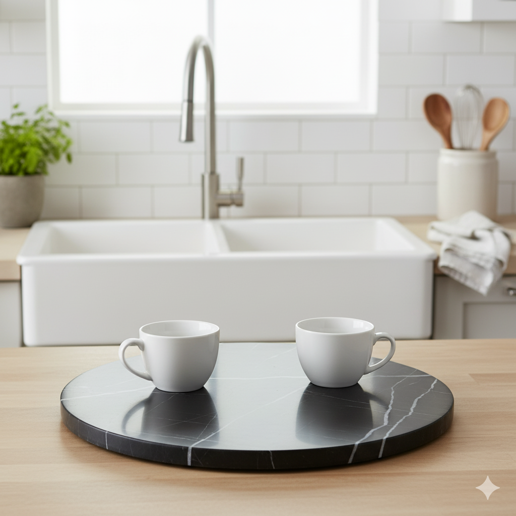 Natural Round Marble Tray Smooth Pastry Board for Cheese, Coffee, Smooth Top 30cm Dia (Black Marqina Marble) Stylish Serving Tray For Kitchen